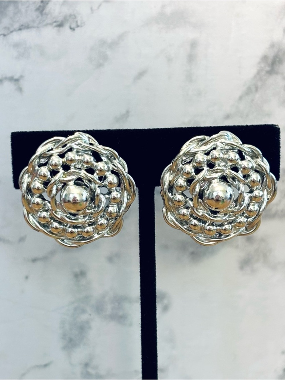 Vintage Marvella Signed Silver Tone Clip-On Earrings 1970s 1960s